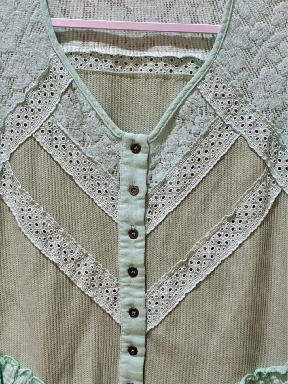 POL Mint Green Lace Ruffle Button Front Boho Cotton Peplum Top Medium - Picture 3 of 6
